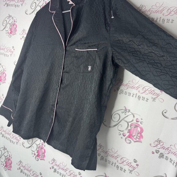 Victoria secret button down long sleeve shirt black VS logo print pockets pink - Picture 4 of 11